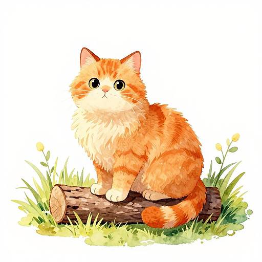 Watercolor Orange Cat on Log