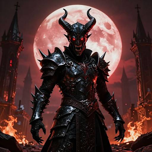 Digital artwork of a demonic warrior with glowing red eyes, black horned helmet, and spiked armor, standing before a fiery full moon, surrounded by burning