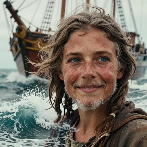 Photorealistic portrait of a rugged, smiling man with long, wavy brown hair, beard, and blue eyes, in front of a ship in