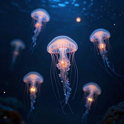 Photograph of glowing jellyfish with translucent, bell-shaped bodies and trailing tentacles, floating in a dark blue underwater environment.