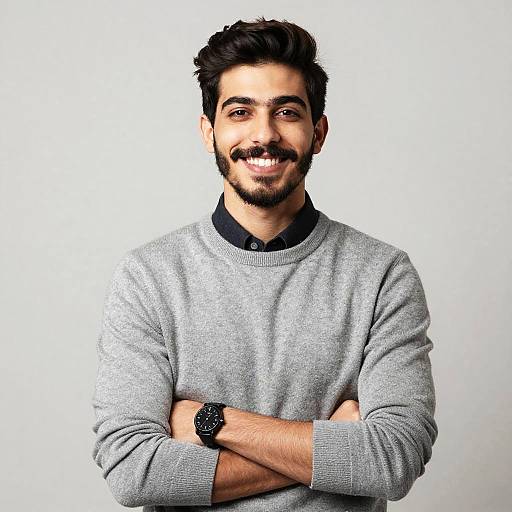 Photograph of a smiling, dark-haired man with a beard, wearing a grey sweater over a black collared shirt, with arms crossed, white background