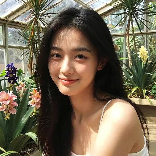 Photograph of an Asian woman with long black hair, smiling, in a sunlit greenhouse filled with pink and blue flowers.