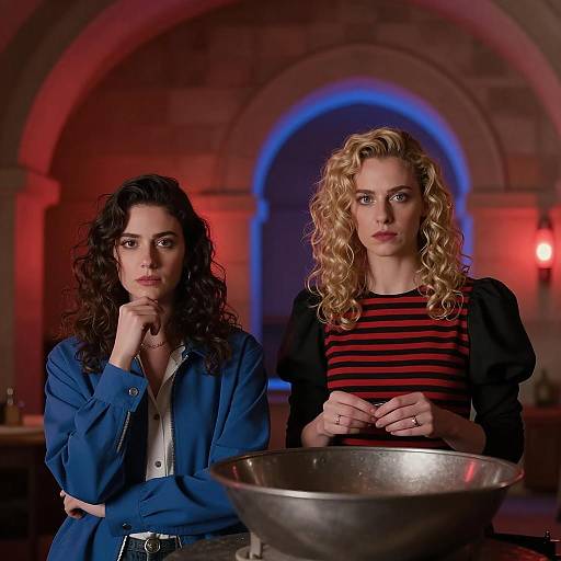 Serious Women in Red-Lit Stone Room