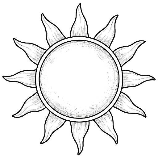 Black and white digital drawing of a sun with a circular center and twelve pointed rays, outlined in thick black lines.