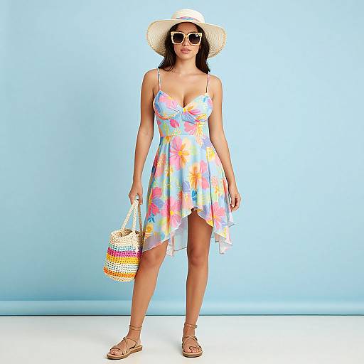 Photograph of a woman in a colorful, floral, asymmetrical sundress, white sunhat, sunglasses, holding a striped tote, against a light
