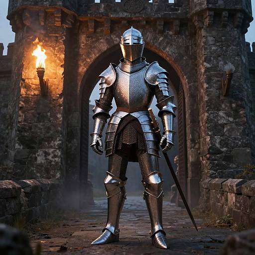 Photorealistic CGI of a silver-armored knight with a helmet and visor, standing in a dimly-lit stone archway with a burning