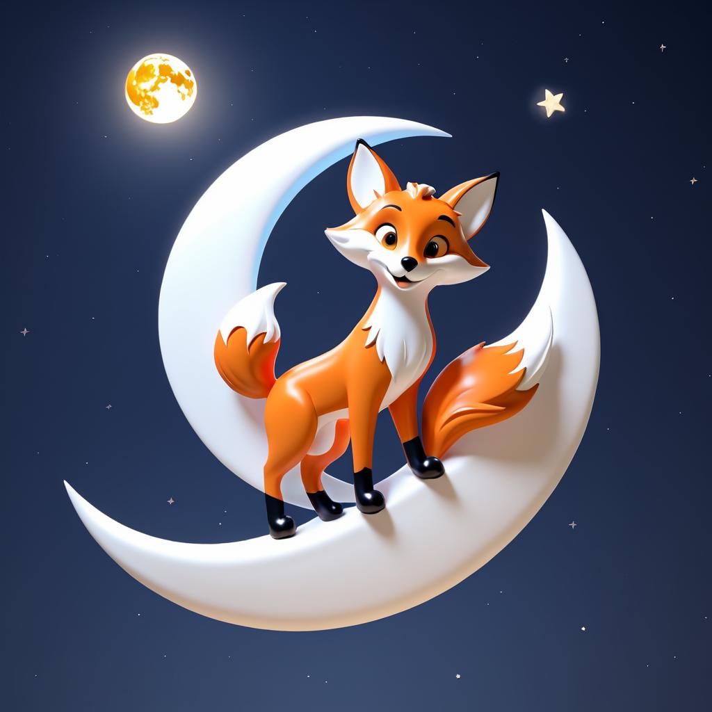 Whimsical 3D Fox Under Crescent Moon