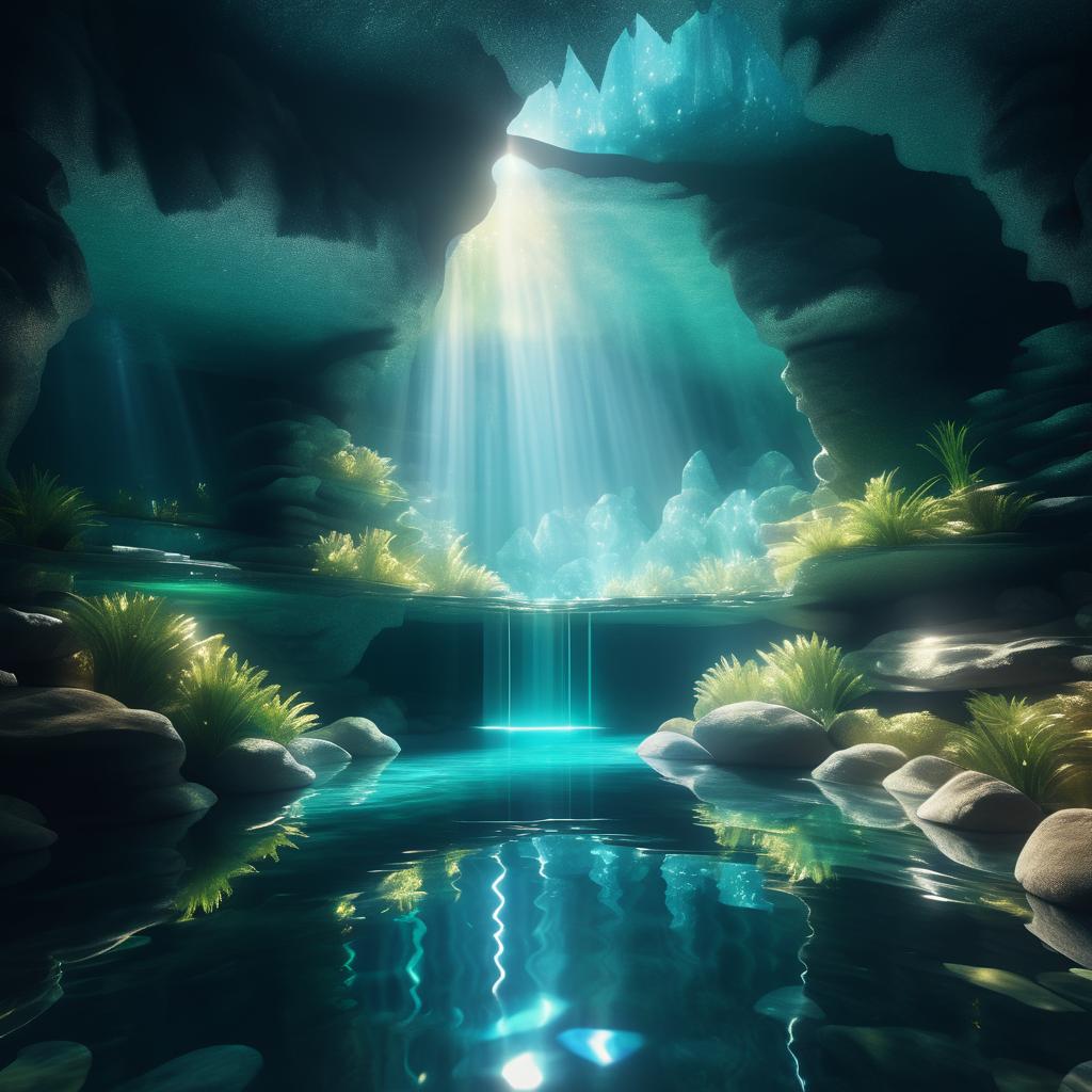 Mystical Cave with Crystals and Water