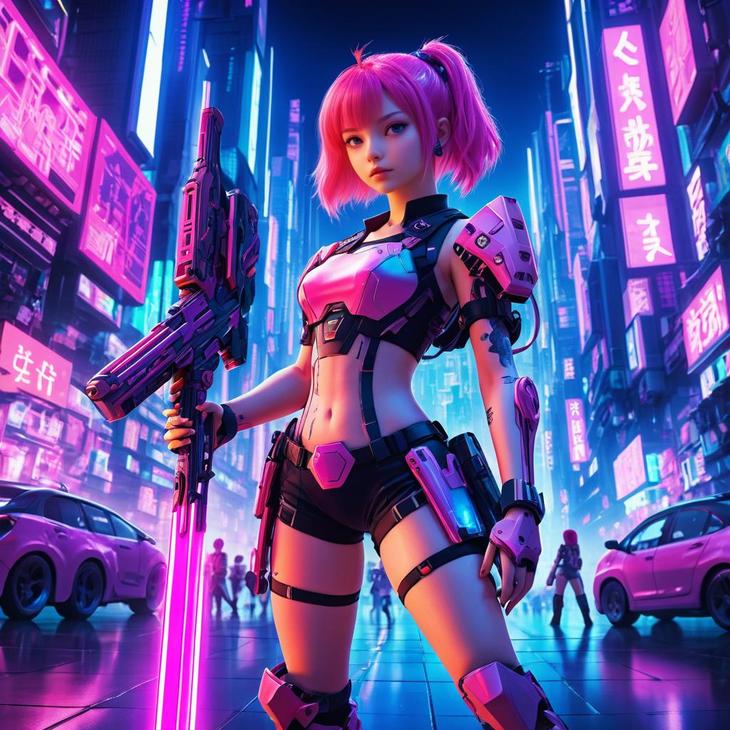 Anime Girl with Cybernetic Arm in Neon City