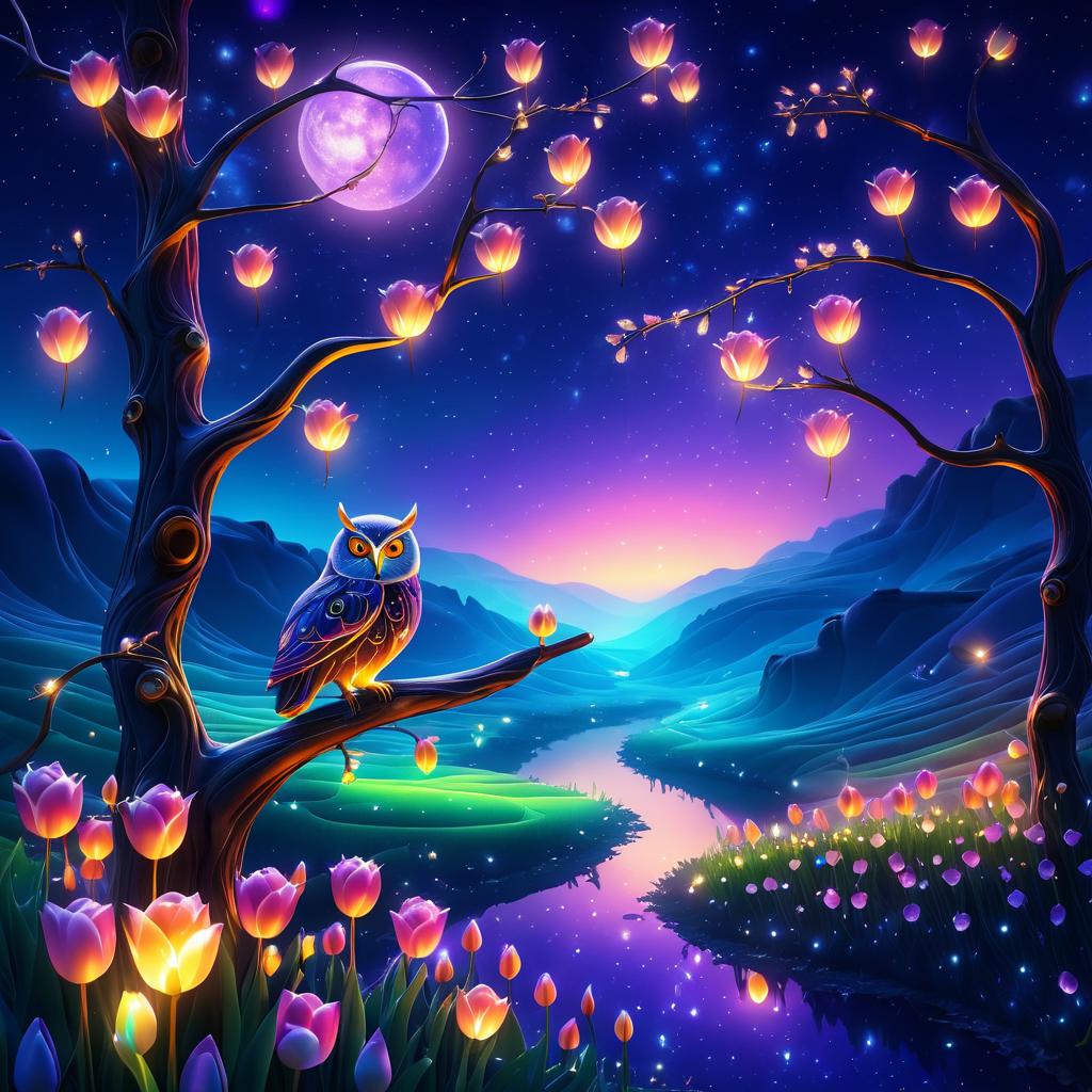 Enchanting Moonlit Valley with Tulips and Owl