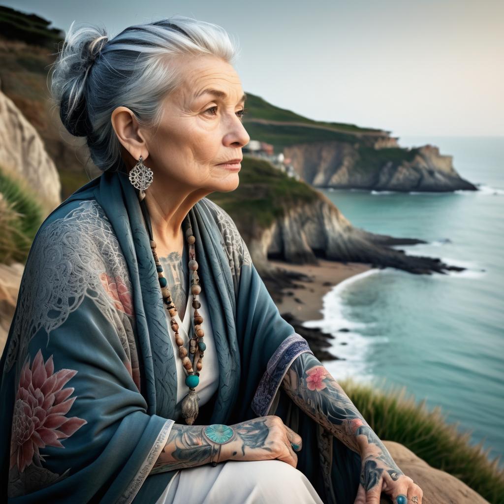 Serene Tattooed Elderly Woman by the Sea