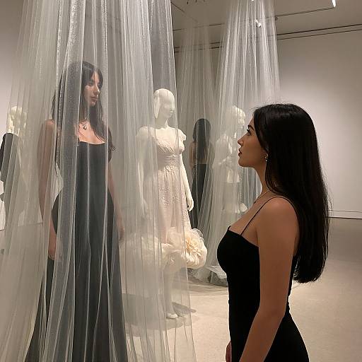Photograph of an art gallery: Asian woman in black dress, long hair, observes white statues through transparent fabric curtains.
