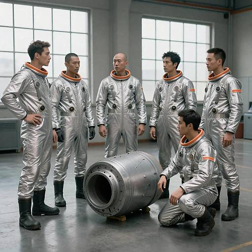 Group of Men in Silver Space Suits with Cylindrical Object