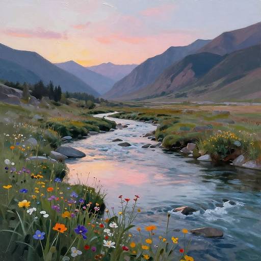 Photograph of a vibrant, mountainous landscape at sunset, featuring a flowing river with colorful wildflowers, rocky banks, and misty, purple-h