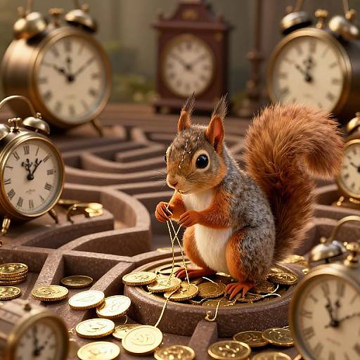 Photorealistic CGI of a cute, gray squirrel with fluffy tail, sitting on a maze-like, clock-filled floor, nibbling coins.
