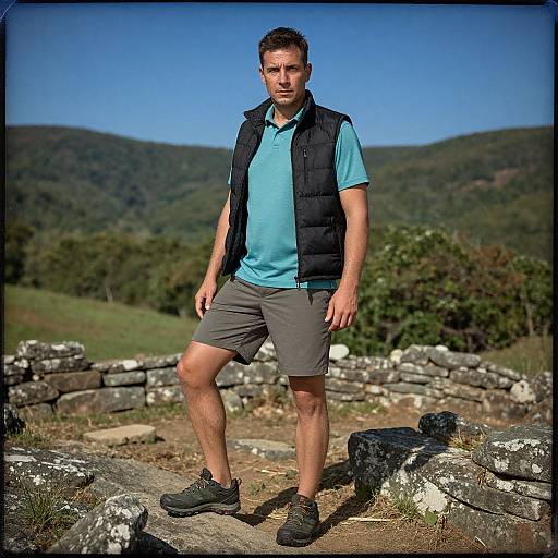 Photograph of a muscular man with short brown hair, wearing a black vest, blue shirt, gray shorts, and black shoes, standing on rocky terrain