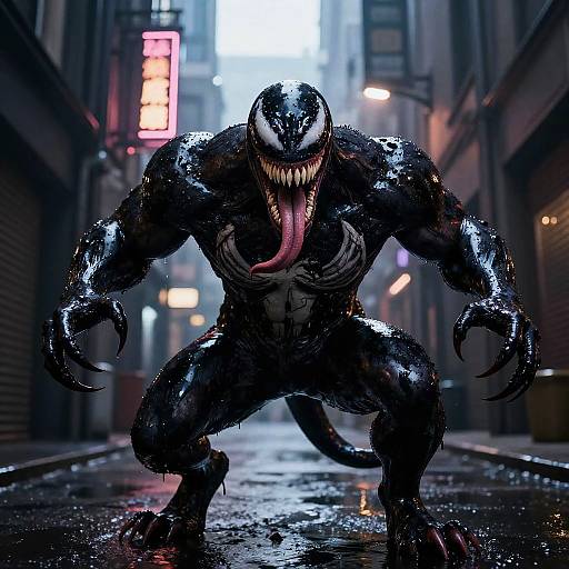 Venom in Neon-Lit Dark Alley