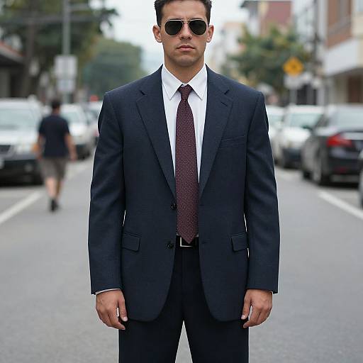 Photograph of a suave man in a black suit, white shirt, red tie, and sunglasses standing on a city street with blurred cars and buildings