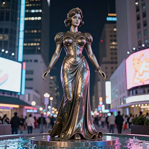 Photorealistic CGI statue of a 1920s flapper woman in a metallic, reflective dress, standing in a busy, neon-lit city