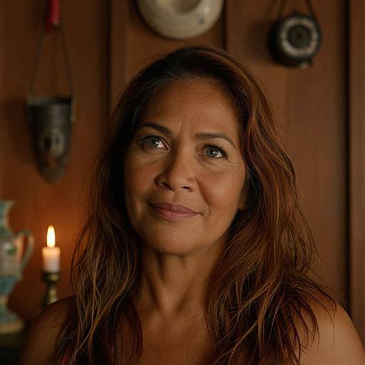 Photograph of a middle-aged woman with long, wavy brown hair, medium skin tone, and brown eyes, smiling gently in a warmly lit,