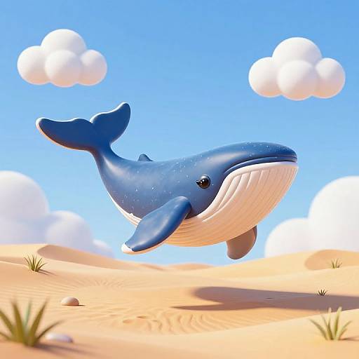 Digital illustration of a playful blue whale with a white belly, floating in a bright blue sky with fluffy clouds, above sandy desert terrain with sparse green grass