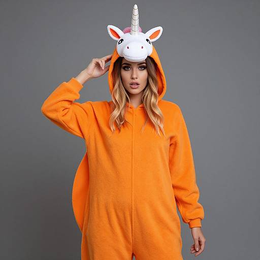 Woman in Orange Unicorn Onesie