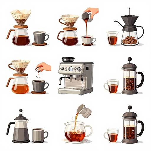 Illustration of various coffee-making equipment: French press, pour-over, drip coffee maker, espresso machine, tea infuser, grinder, glass carafe
