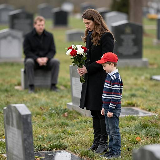 Solemn Cemetery Visit: Woman and Boy