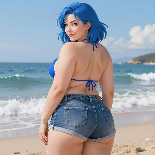 Curvy Woman with Blue Hair at Beach