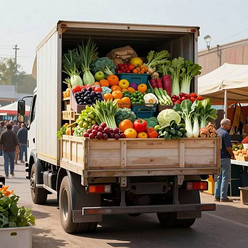 Photograph of a wooden truck filled with vibrant, fresh vegetables including tomatoes, carrots, onions, and bell peppers at an outdoor market. Shoppers and