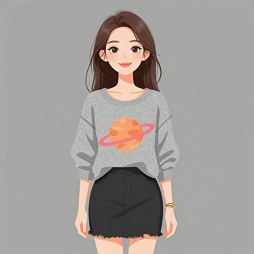Digital anime-style drawing of a smiling young woman with long brown hair, wearing a gray sweatshirt with a Saturn print, and a black skirt, against