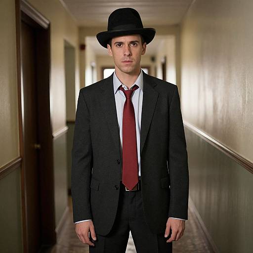 Photograph of a serious, white man in a black suit, red tie, and black hat standing in a dimly lit, narrow hallway.