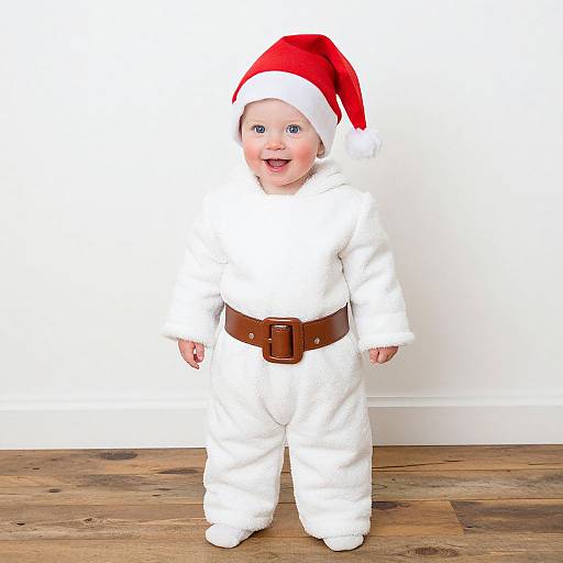 Photograph of a smiling baby in a white Santa suit with a red hat and brown belt, standing on wooden floor against a white wall.