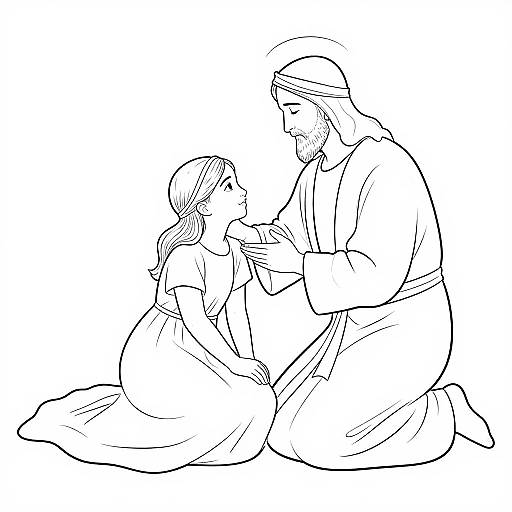 Black-and-white line drawing of a bearded man kneeling, holding hands with a woman kneeling opposite, both looking at each other.