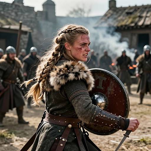 Photograph of a fierce, blonde Viking warrior woman with braided hair, wearing fur-trimmed armor, shield, and sword, amidst a sm