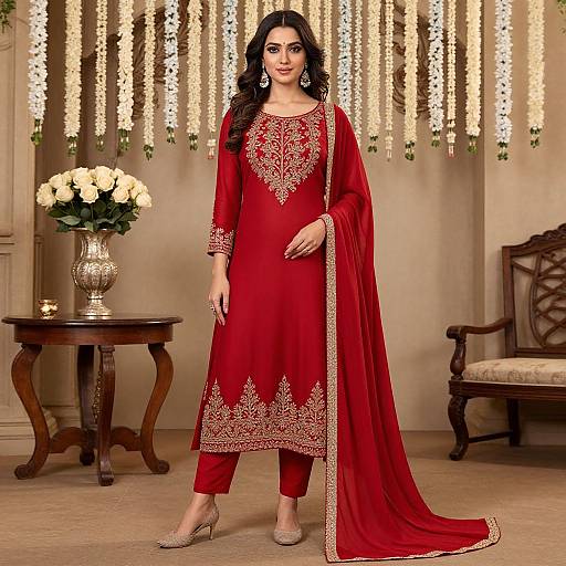 Elegant Woman in Red Georgette Suit
