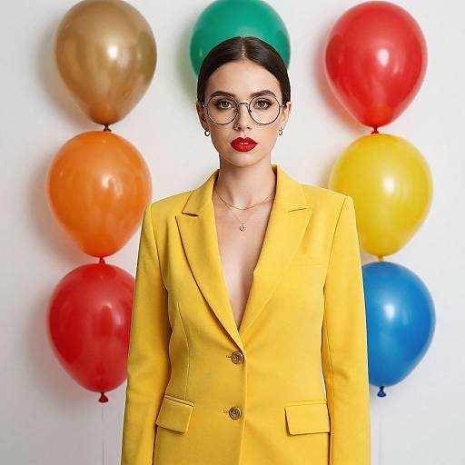 Photograph of a fair-skinned woman with black hair in a bun, wearing round glasses, red lipstick, and a yellow blazer, standing against