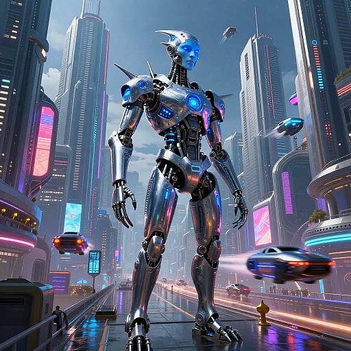 CGI image of a futuristic cityscape featuring a towering, blue-lit humanoid robot standing amidst neon-lit skyscrapers and speeding cars.