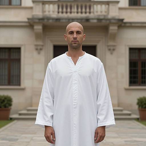 Man in White Toga by Building