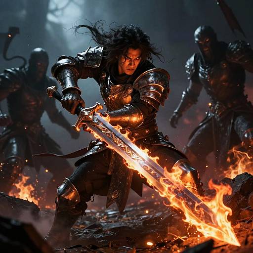 Fantasy warrior with fiery sword, black armor, fierce expression, surrounded by shadowy enemies, in a blazing battlefield at night. Digital artwork.
