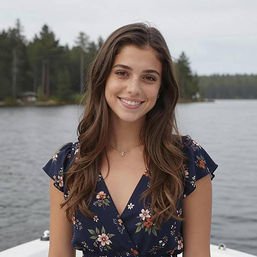 Smiling Woman on Boat by Forested Shoreline