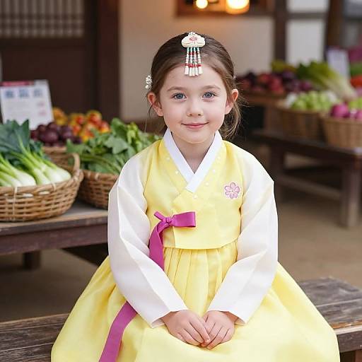 Photograph of a young Asian girl with fair skin, wearing a traditional yellow hanbok with white sleeves and purple sash, adorned with a white