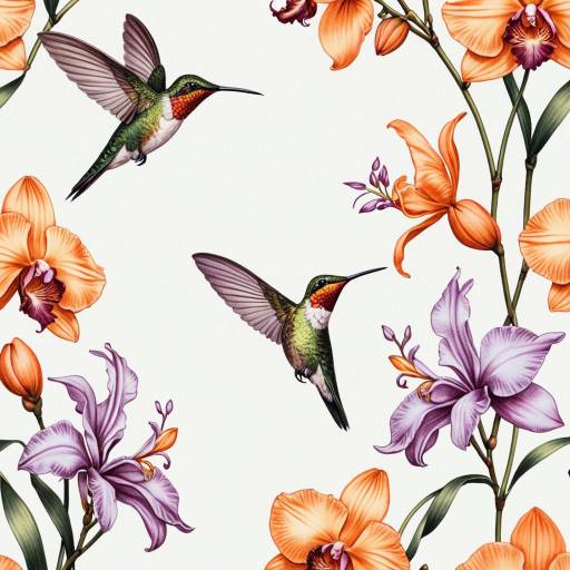 Delicate Hummingbirds Over Orchids Artwork