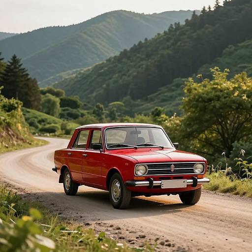 Vintage Red Lada on Mountain Road