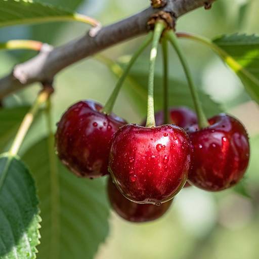 Close-up photograph of five vibrant red cherries with water droplets, hanging from a branch with green leaves in soft sunlight.