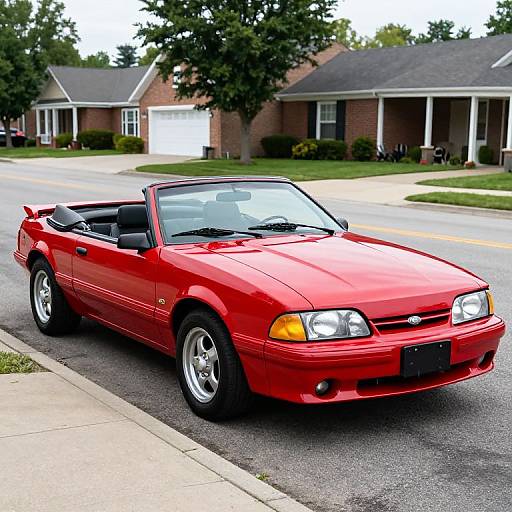 Photograph of a bright red, vintage convertible Mustang parked on a suburban street, with brick houses and green lawns in the background.