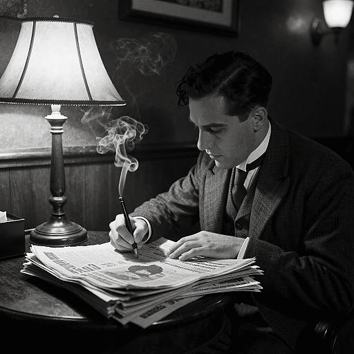 Black-and-white photograph of a man in a suit writing by a smoky lamp-lit table, surrounded by stacks of papers.