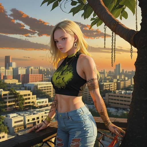 Young Woman with Tattoos at Sunset Cityscape