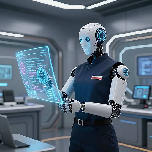 Photograph of a sleek, white-female android with blue glowing eyes, wearing a black sleeveless shirt, holding a holographic interface in a futuristic