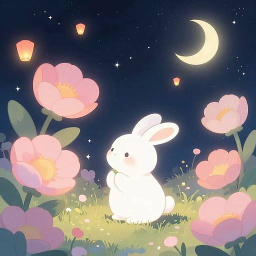 Whimsical digital illustration of a glowing white rabbit sitting among pink flowers under a crescent moon and starry night sky with floating lanterns.